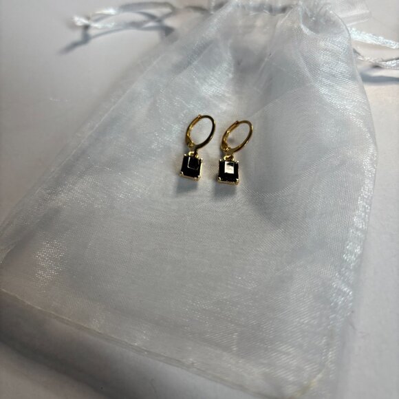 Gold Small Hoop Earrings with Black Diamond Rectangle Charm 🖤✨ - Picture 2 of 2